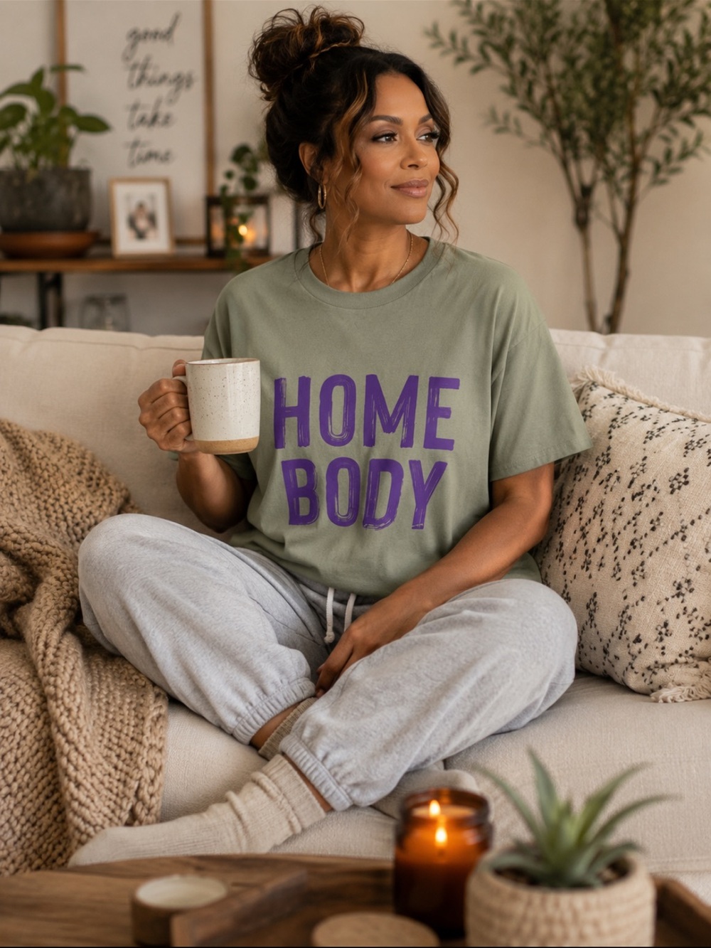 Home Body Graphic Tee - Olive with Purple Print